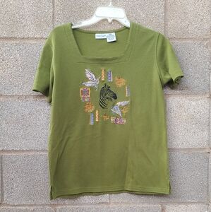 Vintage Cabin Creek Embroidered Zebra Olive Green Top Size S